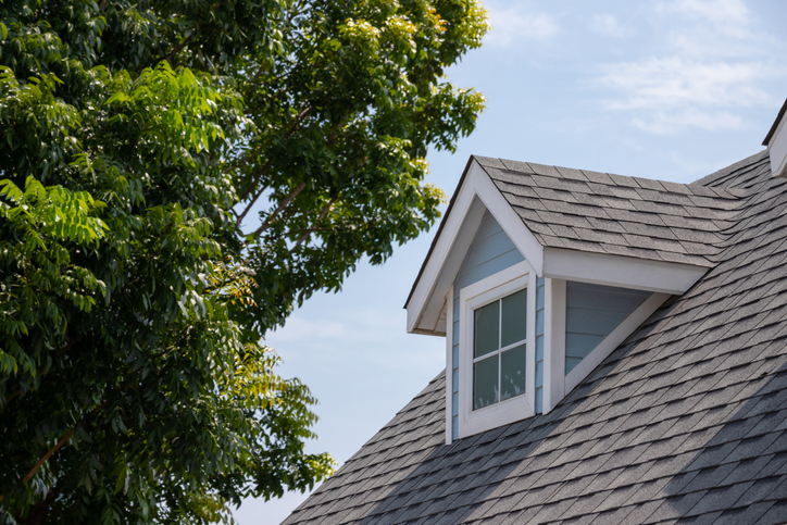 Roof shingles with garret house on top of the house among a lot of trees. dark asphalt tiles on the roof background