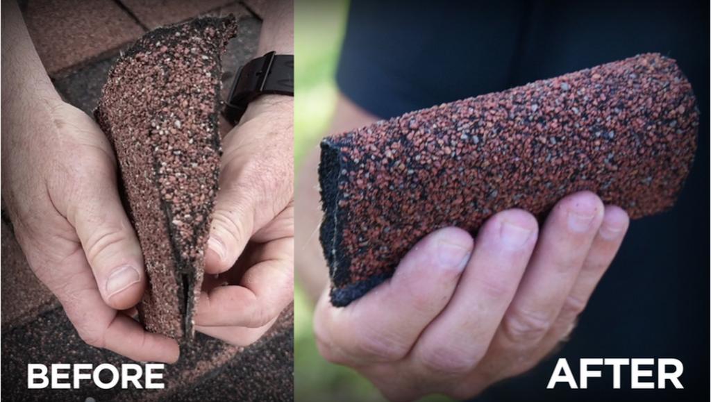 A red asphalt shingle bent before and after Roof Maxx