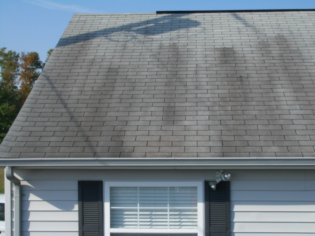 Roof with streaks of mold on it.