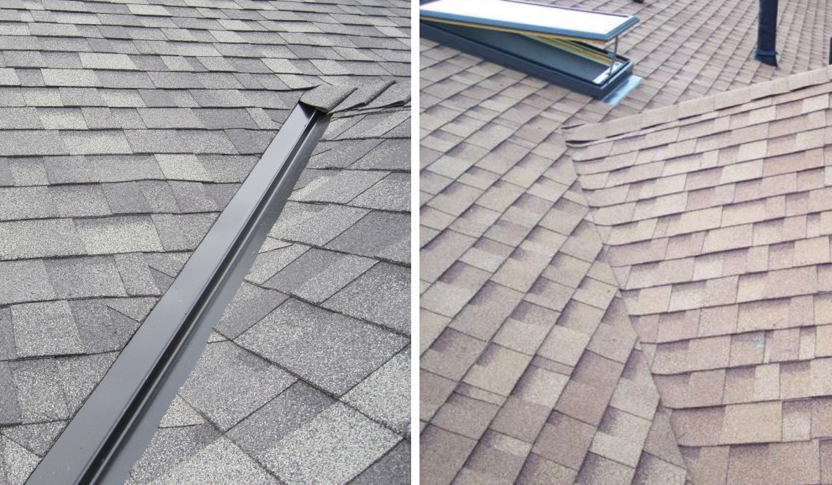 Side by side photo of a roof valley that isn't properly secured compared to roof valley that is closed.