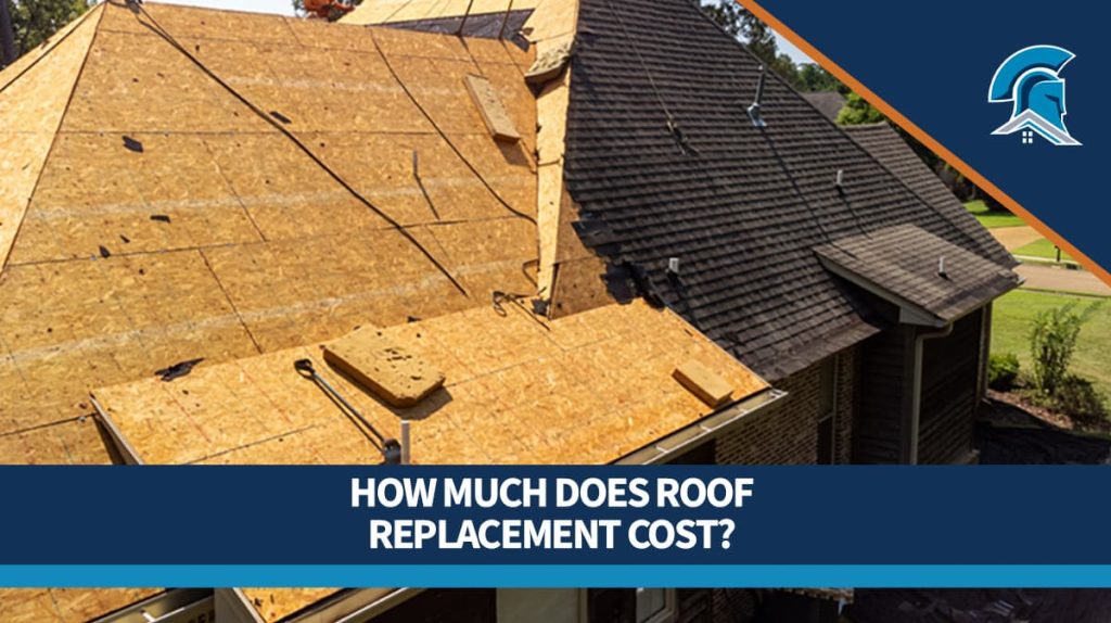 A residential home in the middle of a roof replacement job with exposed decking