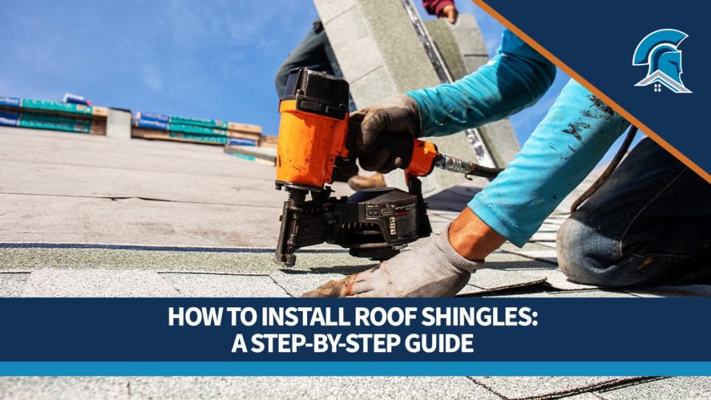Close up of a roofer using a nail gun to install asphalt shingles
