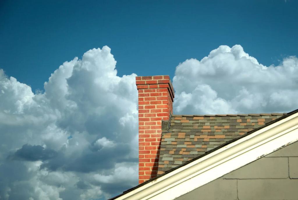 Side view of a residential asphalt shingle roof and chimney