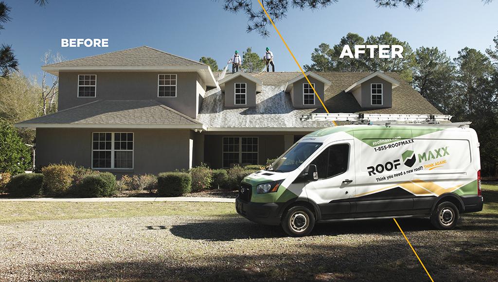 A Roof Maxx truck showing a before and after shot of a customer's roof.