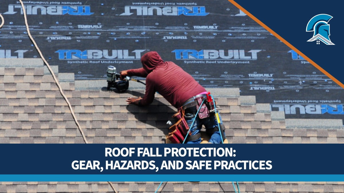 A roofer wearing a personal fall arrest system drives nails into shingles on a roof.