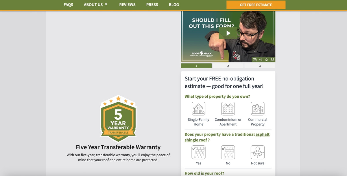 Roof Maxx intake form on website
