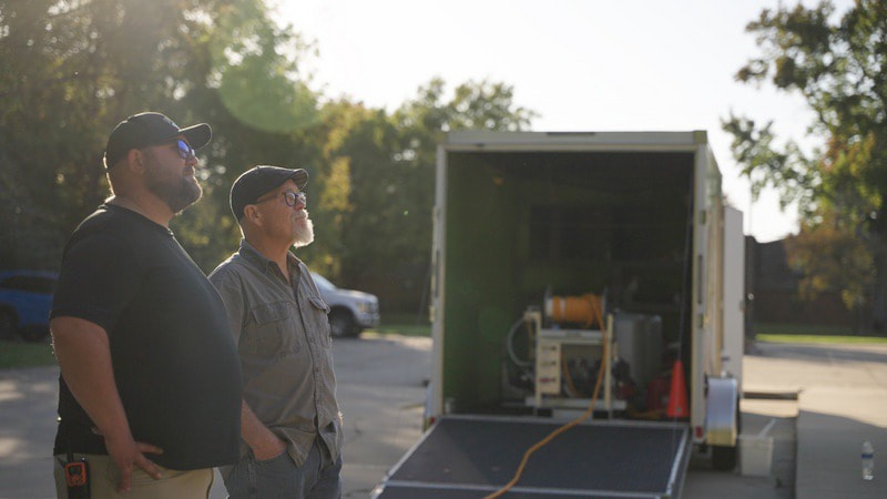 Roof Maxx contractor standing with customer in yard before agreeing on treatment