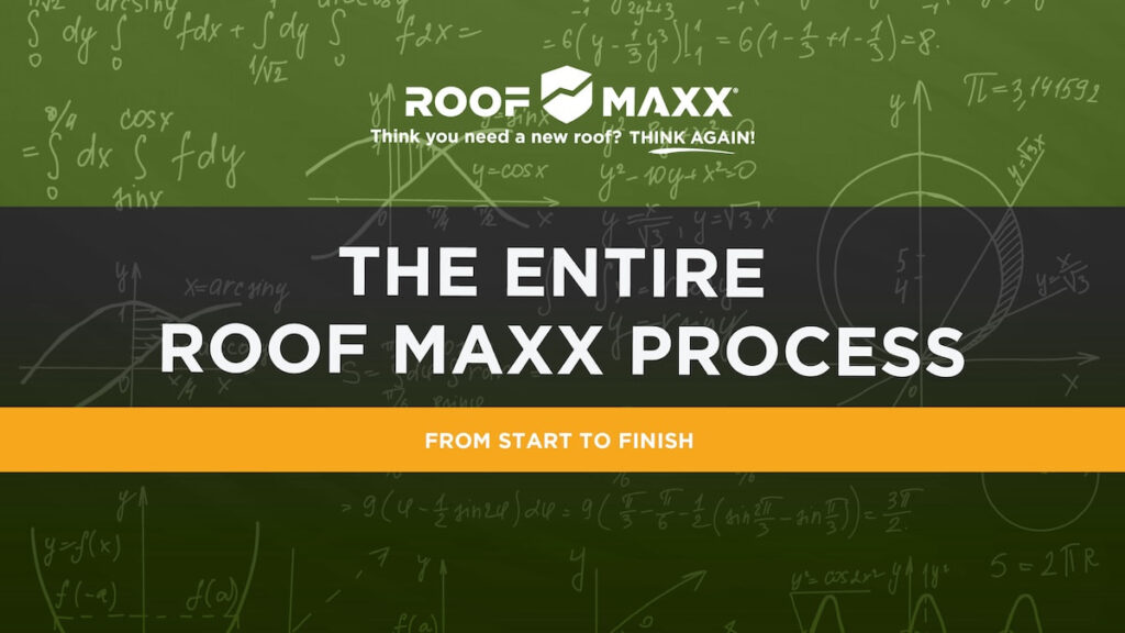 Title card with the Roof Maxx logo and article title text "The Entire Roof Maxx Process from Start to Finish" on a transparent background over a green image with handwritten math formulas written on it.