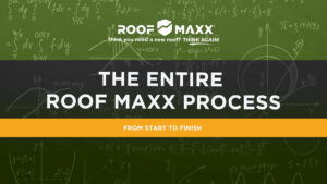 Title card with the Roof Maxx logo and article title text "The Entire Roof Maxx Process from Start to Finish" on a transparent background over a green image with handwritten math formulas written on it.