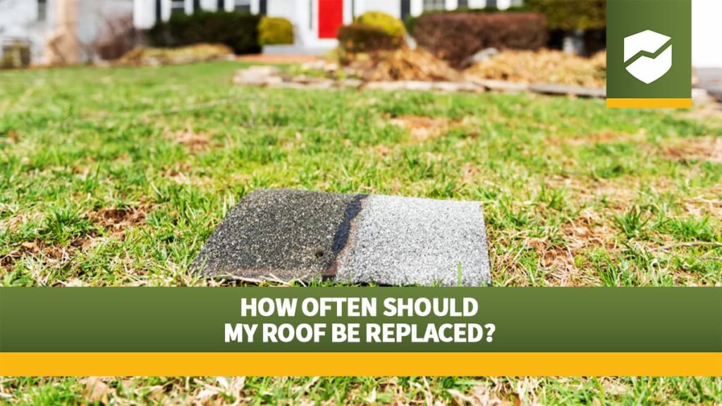 Close-up of an asphalt shingle with signs of damage on a grassy lawn.