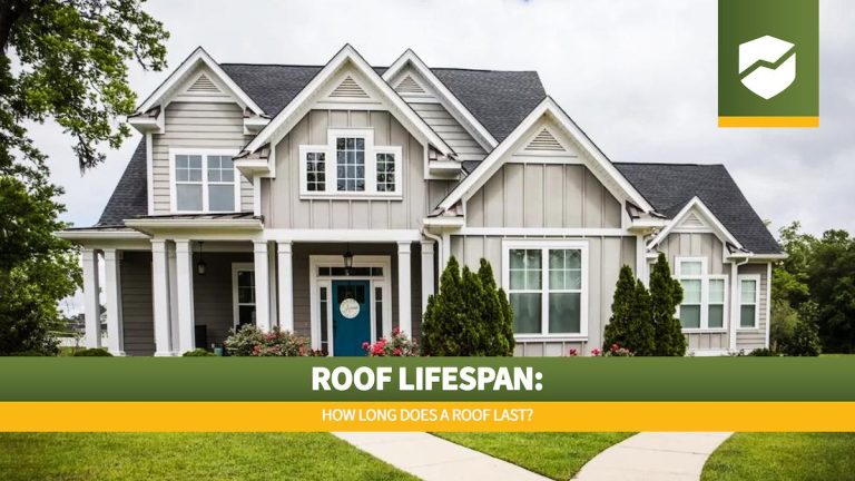 Roof Maxx logo and title "Roof Lifespan How Long Does a Roof Last" on an image of a single family home that is new construction cottage style house with hardy board and a partial metal roof. It is grey with a teal door and there is great curb appeal. The house has a double front entrance and it is on a large lot.