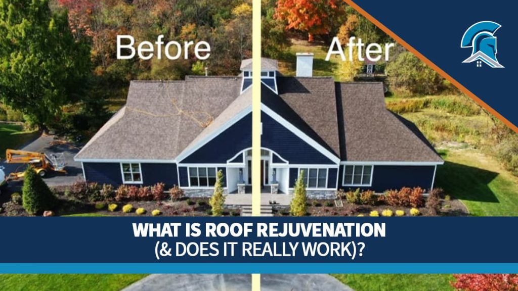 A split view of a house with an asphalt roof before and after Roof Maxx