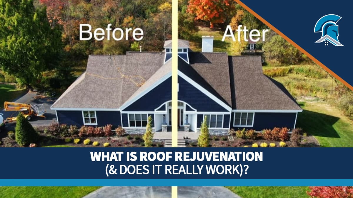 A split view of a house with an asphalt roof before and after Roof Maxx