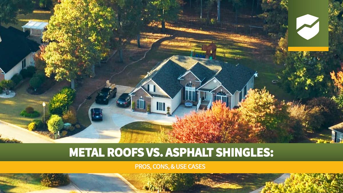 Roof Maxx logo and text "Metal Roofs vs. Asphalt Shingles: Pros, Cons, & Use Cases" over an overhead image of home with nice landscaping.