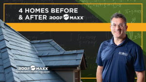 Image of a Roof Maxx employee and residential roof against a green background with the title "4 Homes Before & After Roof Maxx