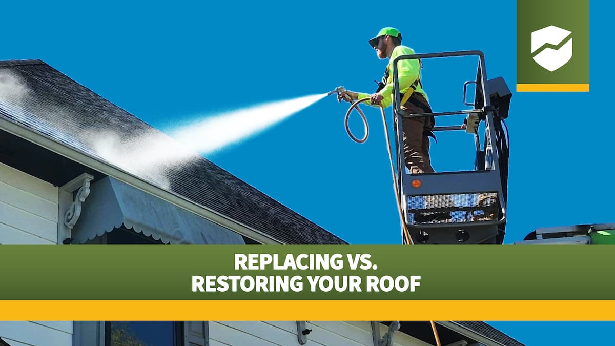 Roof Maxx employee spraying roof restoration product on a home's asphalt shingles with overlay of Roof Maxx logo and "Replacing vs. Restoring Your Roof" title.