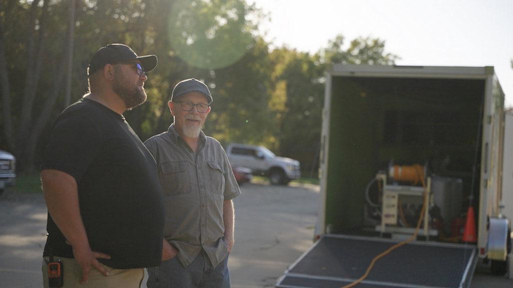 Roofing professional talking to business owner before commercial roofing inspection