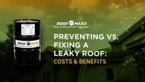 Title card with the title "Preventing vs. Fixing a Leaky Roof: Costs & Benefits", Roof Maxx logo, and a cutout of Roof Maxx barrel on a green transparent background over an image looking up at a residential roof line.