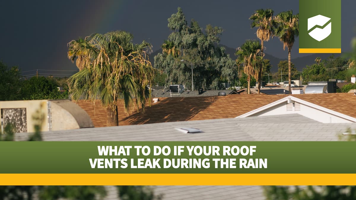 Title card with the Roof Maxx logo and title "What to Do if Your Roof Vents Leak During the Rain" on an image of residential roofs with roof vents