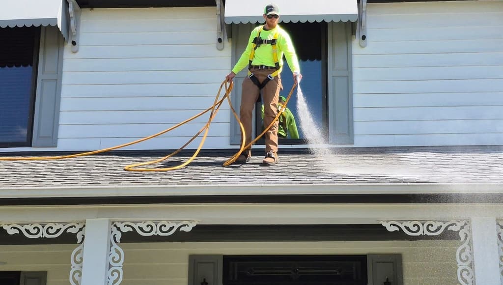 A Roof Maxx dealer sprays a customer's roof with the treatment.