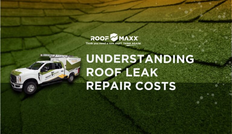 Title card with the Roof Maxx logo, title "Understanding Roof Leak Repair Costs" and image of a Roof Maxx truck over transparent green overlay on a background image of worn out shingles.