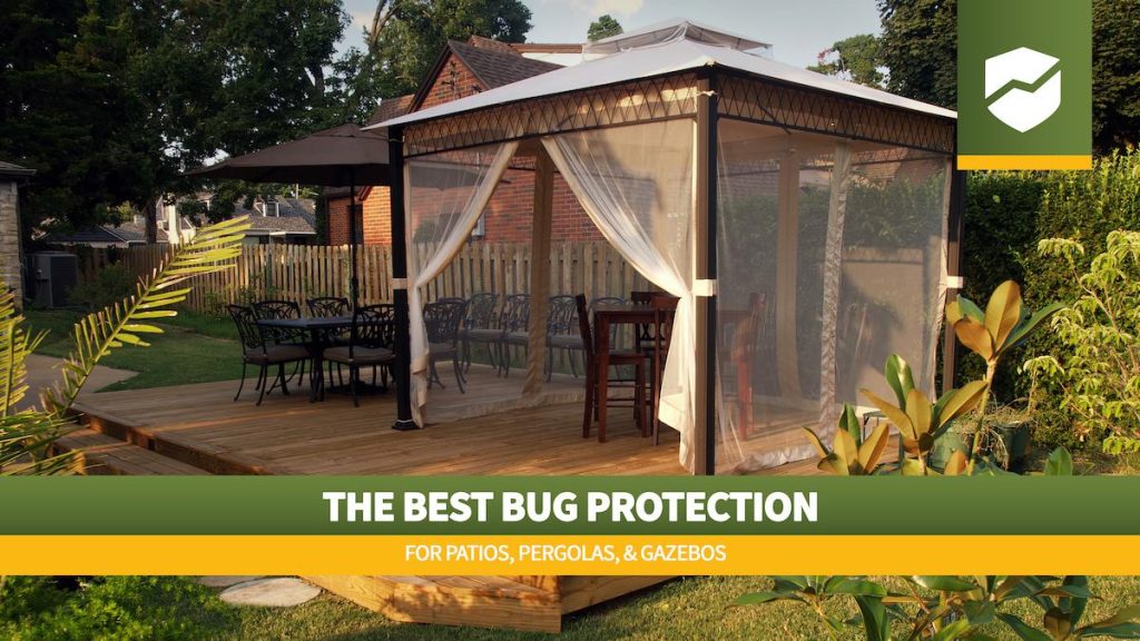 Roof Maxx logo and title "The Best Bug Protection for Patios, Pergolas, & Gazebos" over a background image of a modern pergola with screens raised.