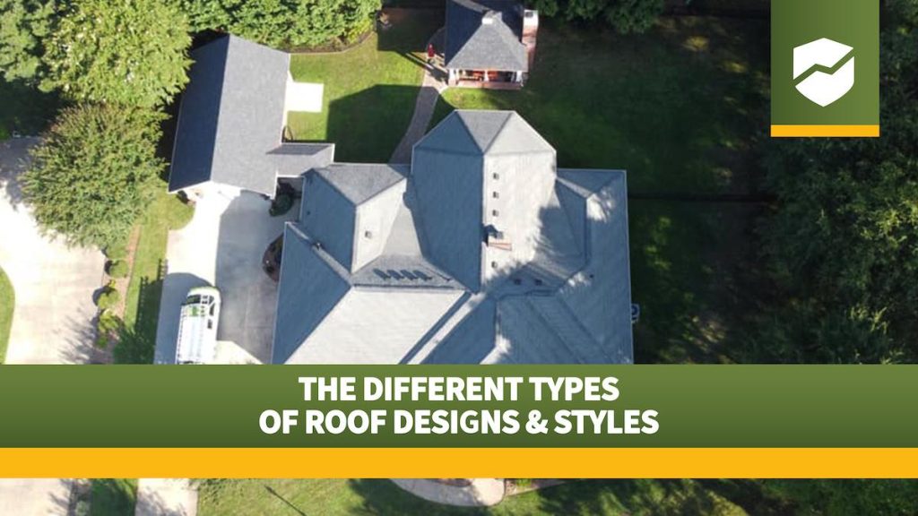 Roof Maxx logo and the title "The Different Types of Roof Designs & Styles" over an overhead image of a home with a peaked rooflines.