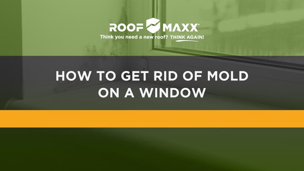 Title image with the Roof Maxx logo and title "How to Get Rid of Mold on a Window" on a green transparency over a close-up image of a windowsill with mold growth.