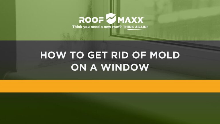 Title image with the Roof Maxx logo and title "How to Get Rid of Mold on a Window" on a green transparency over a close-up image of a windowsill with mold growth.