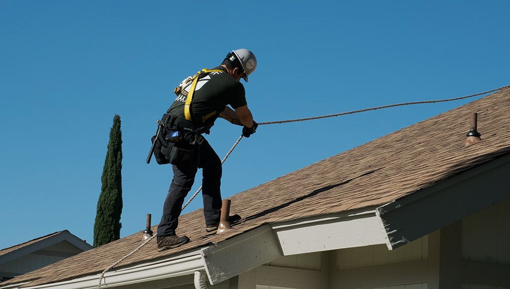A Roof Maxx roofer inspects a customer's roof during a tune-up.