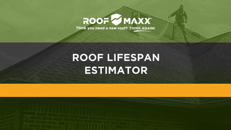 Title image with Roof Maxx logo and title "Roof Lifespan Estimator" on black and green transparencies over and image of a worker spraying on Roof Maxx treatment.