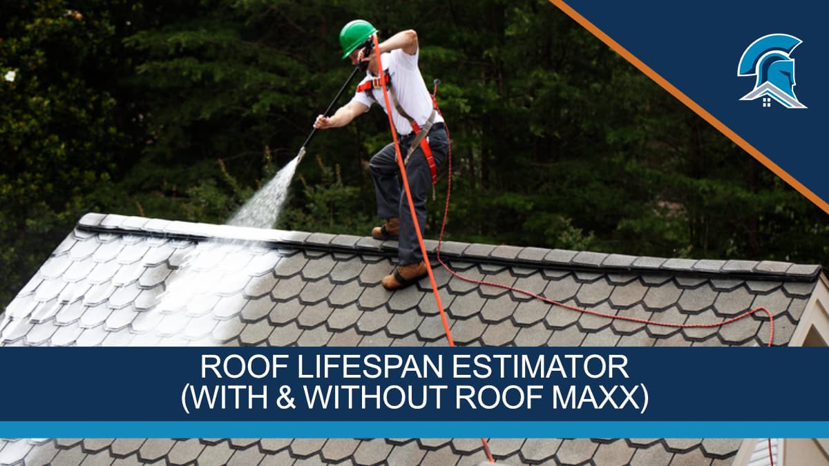 Title image with Roof Maxx logo and title "Roof Lifespan Estimator" on blue and orange transparencies over an image of a worker spraying on Roof Maxx treatment.