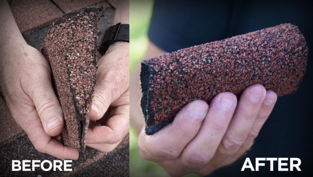 A before and after close-up shot of how Roof Maxx affects dried-out shingles.