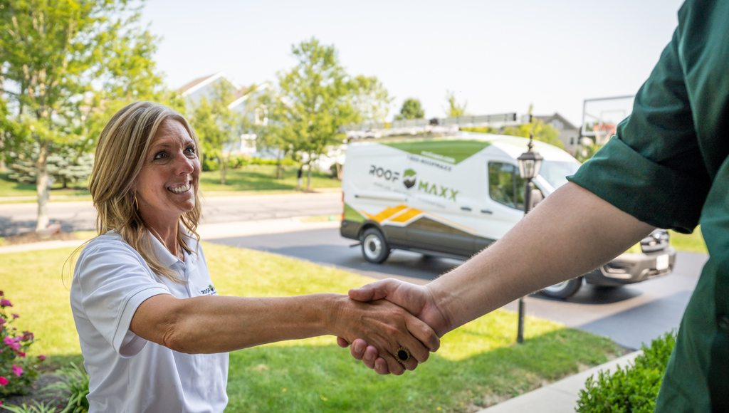 A Roof Maxx dealer smiles, shaking hands with a homeowner.