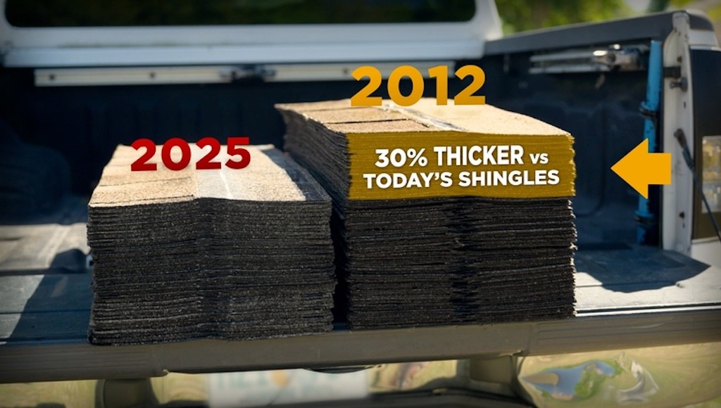 Stack of new shingles with fewer granules than old ones