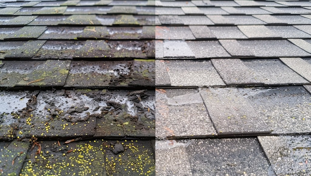 Roof with growths next to clear Roof Maxx treated shingles