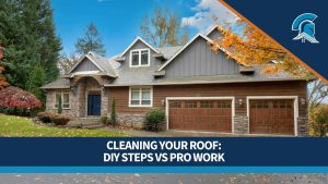 A graphic with an image of a residential home with leaves on the roof and the words "Cleaning Your Roof: DIY Steps Vs. Pro Work" laid over it.