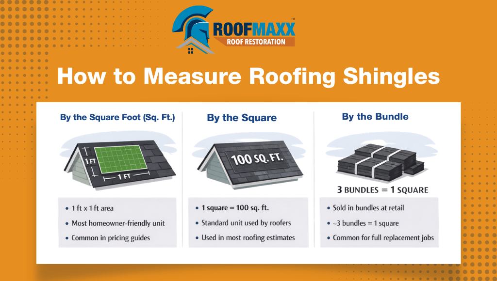 Infographic showing how shingles are measured by the square foot, square, and bundle.