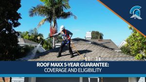 Roof Maxx 5-year guarantee coverage and eligibility promotional banner with dealer spraying roof.
