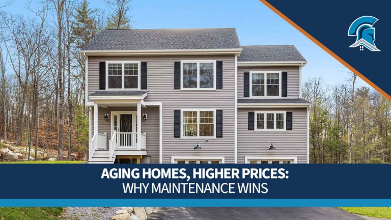 Contemporary colonial home on a sunny estate with Roof Maxx branding and aging homes higher prices messaging.