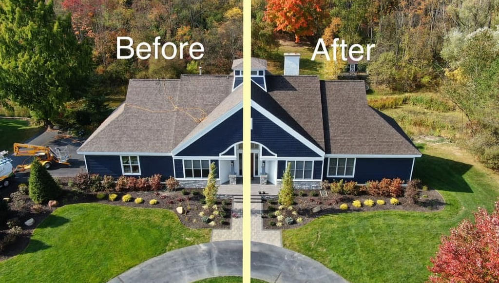 Before and after aerial view of a house showing roof treatment results.