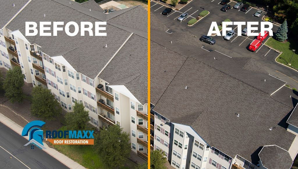 Split-screen aerial view showing before and after comparison of an apartment building roof treated with Roof Maxx restoration.