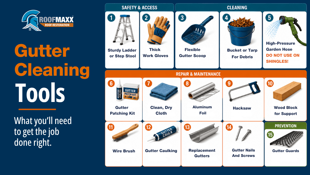 Infographic showing essential tools needed to properly clean and maintain home gutters.