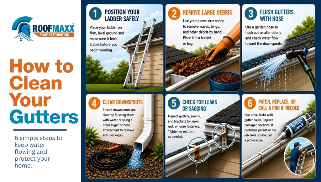 Infographic showing six simple steps to safely clean gutters and protect your home.