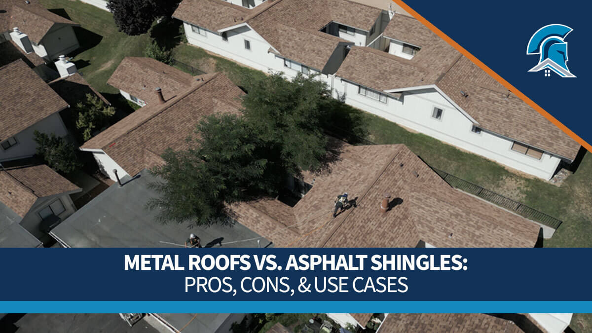 Aerial view of residential homes with asphalt shingle roofs overlaid with the title Metal Roofs vs. Asphalt Shingles: Pros, Cons, and Use Cases.