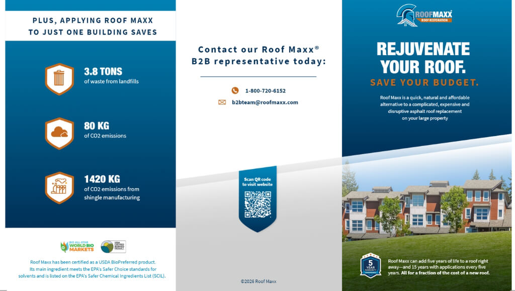 Tri-fold brochure for Roof Maxx B2B services featuring roof rejuvenation benefits and contact information.