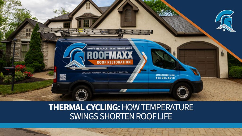 A blue Roof Maxx service van parked in front of a house on a partially cloudy day.