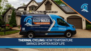A blue Roof Maxx service van parked in front of a house on a partially cloudy day.