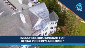Aerial view of workers treating an apartment building roof with Roof Maxx restoration service for rental property landlords.