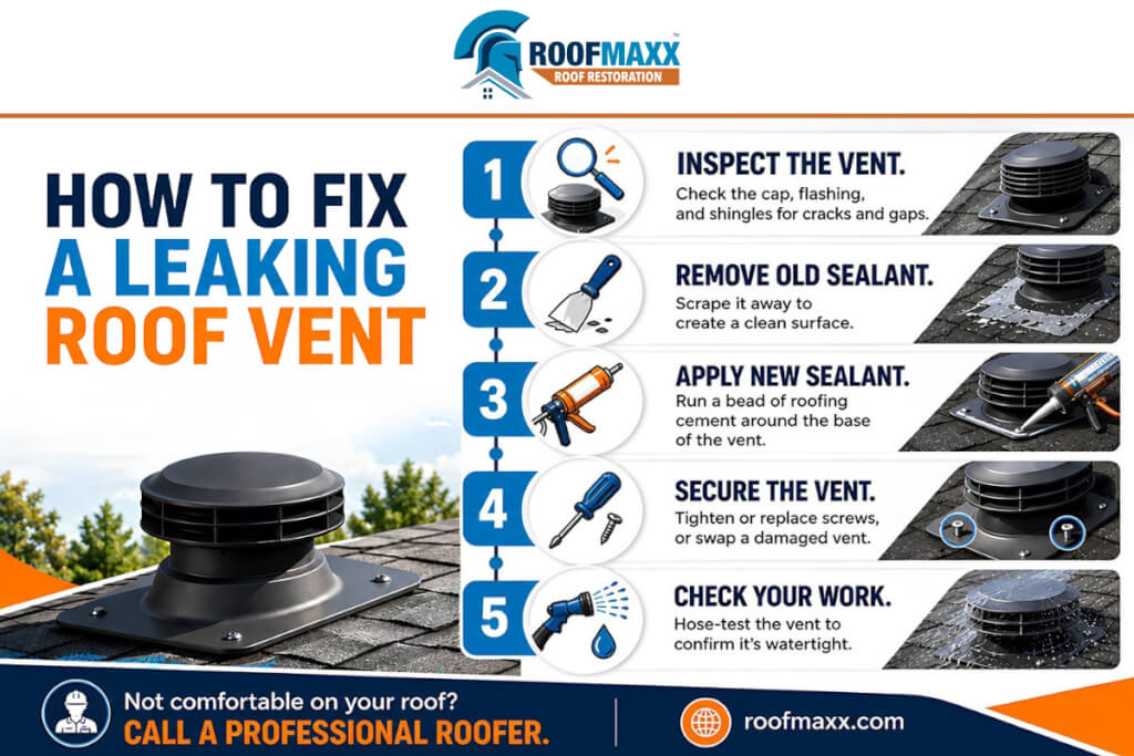 Infographic showing 5 ways to fix a leaking roof vent, including inspecting, new sealant and more